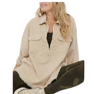 Offline by Aerie Oversized Cream Corduroy 1/4 Zip Pullover Shacket Pockets, M.
